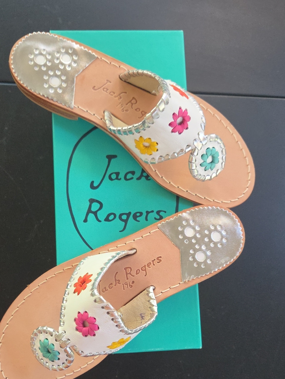 Jack Rogers White Leather Sandal with Multicolor Floral Accents